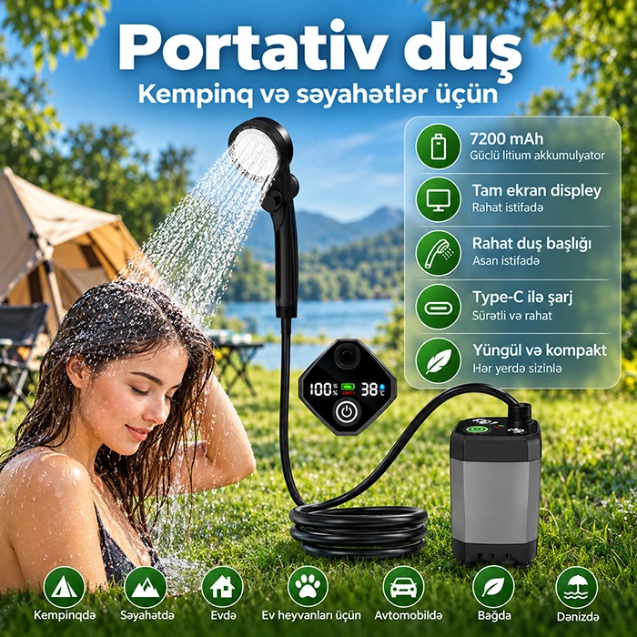 7200 mAh Güclü Akkumulyatorlu, Rəqəmsal LED Ekranlı və Temperatur Göstəricili Portativ Duş — Mallar, Bakı (2)