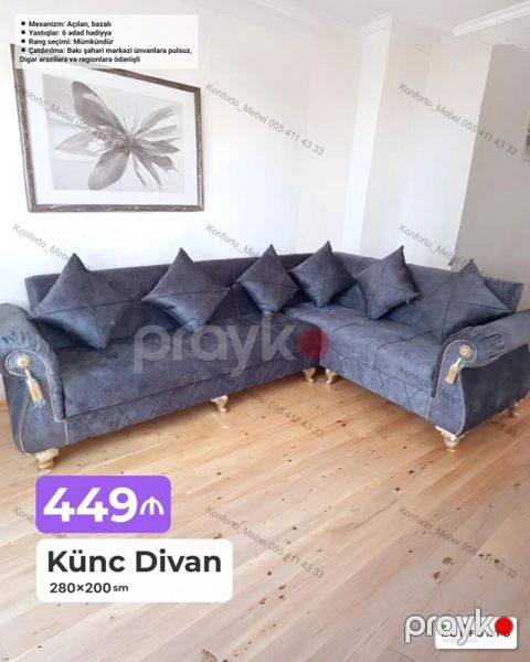 Künc divan – 280×200 sm - Açılan, bazalı mexanizm: yatıya çevrilir — Bakı