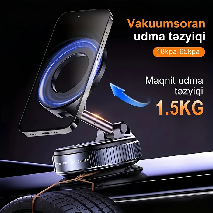 Vakuum Gücləndiricili və 360° Dönməli Universal Maqnit Telefon Tutacağı — Model Koo7 Gücü ilə Maksimum Sabitlik — Mallar, Bakı (2)