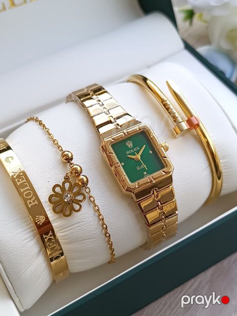 Qadınlar üçün hədiyyə dəsti Classic Cellini Gold/Green (qol saatı + 3 qolbaq) — Bakı