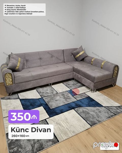 Künc divan – 260×160 sm Mexanizm: açılan, bazalı (yataq funksiyası — Bakı