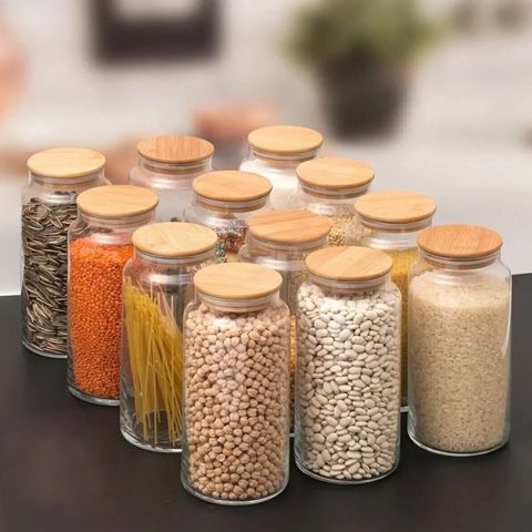 Bambuk Qapaqlı Böyük 1300ml Vakum Şüşə Banka davalı vakuum qapaqlı saxlama qabı — Посуда и кухонные принадлежности