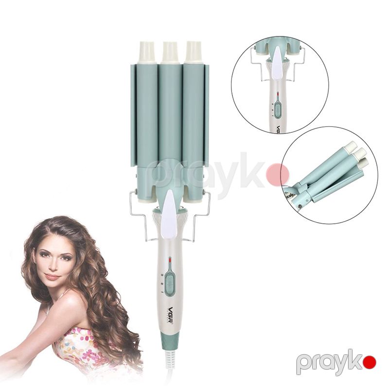 VGR Professional 3 Barrel Keramika Örtüklü Buruq Feni V-595 Saçların Qıvrılması Üçün Üç Dalğalı Buruq Fen Firuzəyi Rəng 220°C — Fən, Bakı (6)