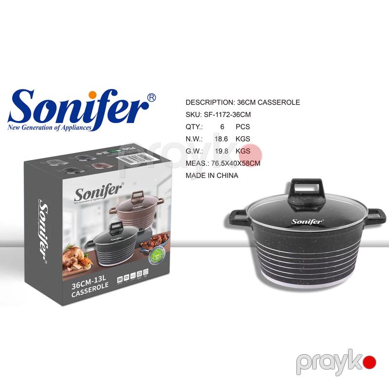 Sonifer SF-1172 - Qazan 36 sm, Aşınmaya Davamlı, Yapışmayan Qranit Qazan, Şüşə Qapaq 13 L — Qablar və mətbəx əşyaları, Bakı (3)