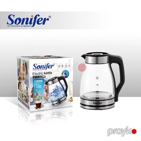 Sonifer SF-2121 Yüksək Keyfiyyətli 1500W 1.5L Şüşə Çaydanı LED Mavi İşıqlı Elektrikli Borosilikat Şüşə Çaydan — Bakı