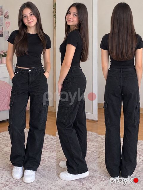 Qızlar üçün qara cargo şalvar - Rəng: qara - Kəsim: straight/relaxed — Bakı