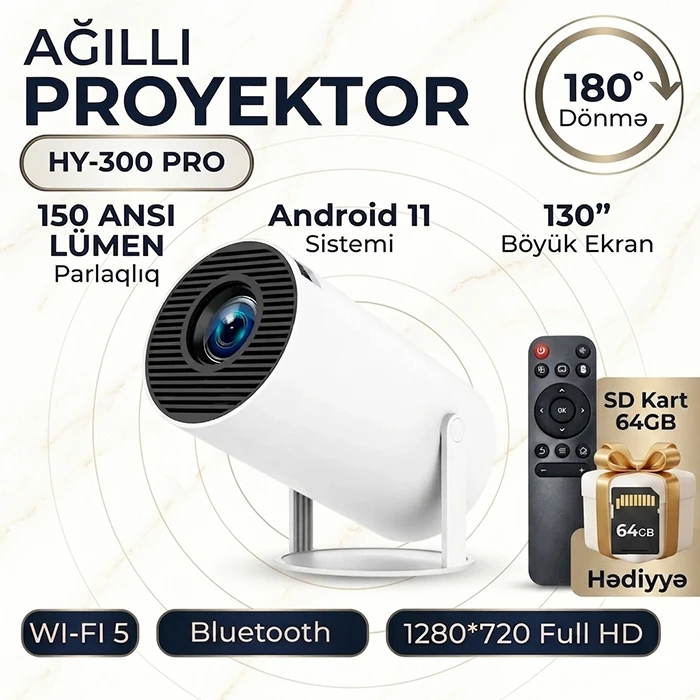 Techvıda HY300 PRO Smart Portativ 4K Mini Proyektor — Eviniz üçün Mükəmməl Kinoteatr Təcrübəsi + 64GB yaddaş kartı Hədiyyə — Elektronika, Bakı (5)