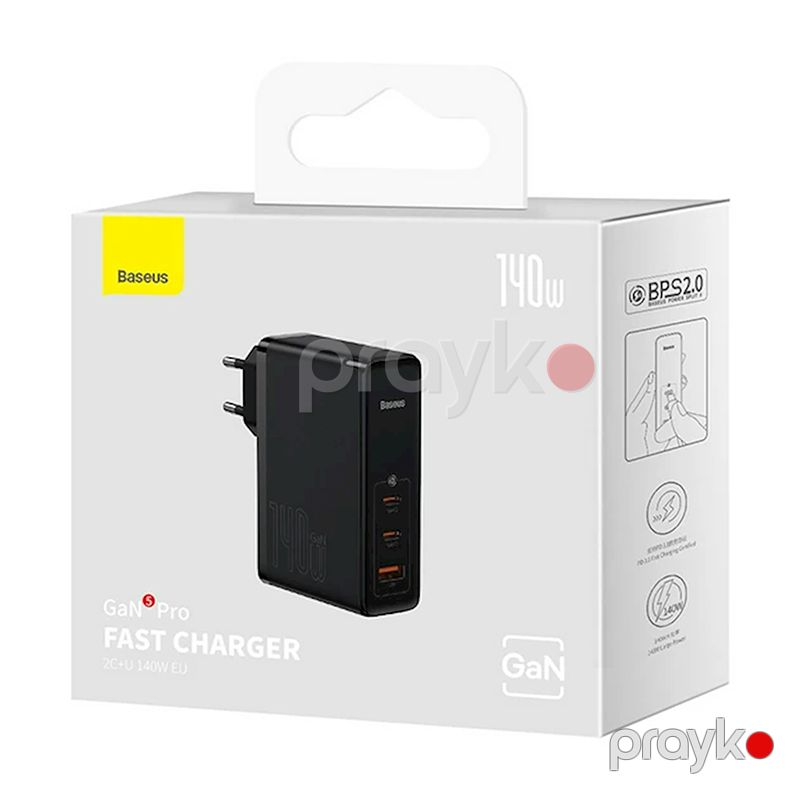 Baseus GaN5 Pro 3 Portlu USB C Sürətli Şarj Cihazı 140W Üstün Seriya Qara və Type-C Kabeli — Elektronika, Bakı (7)