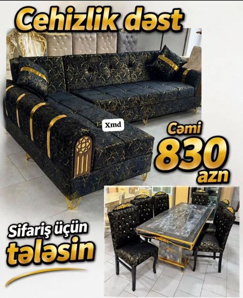 Cehizlik dəst Tərkibi: - L formalı geniş künc divan: qara mərmər — Soft furniture