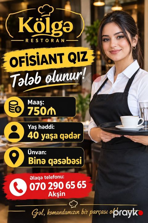 Ofisiant tələb olunur, Restoran, Aylıq ödəniş — Bakı