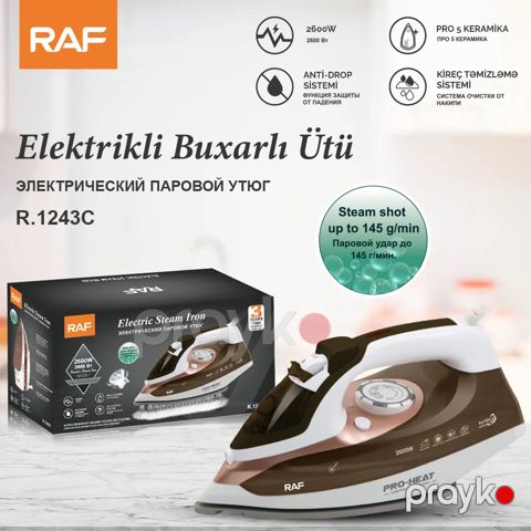 Keyfiyyətli Raf Buxarlı Ütü 2600W Funksional Keramik Altlıq R.1243 Su Tutumu 350 ml — Bakı