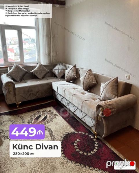 Künc divan – 280×200 sm Qiymət: 449 Xüsusiyyətlər: - Mexanizm — Bakı