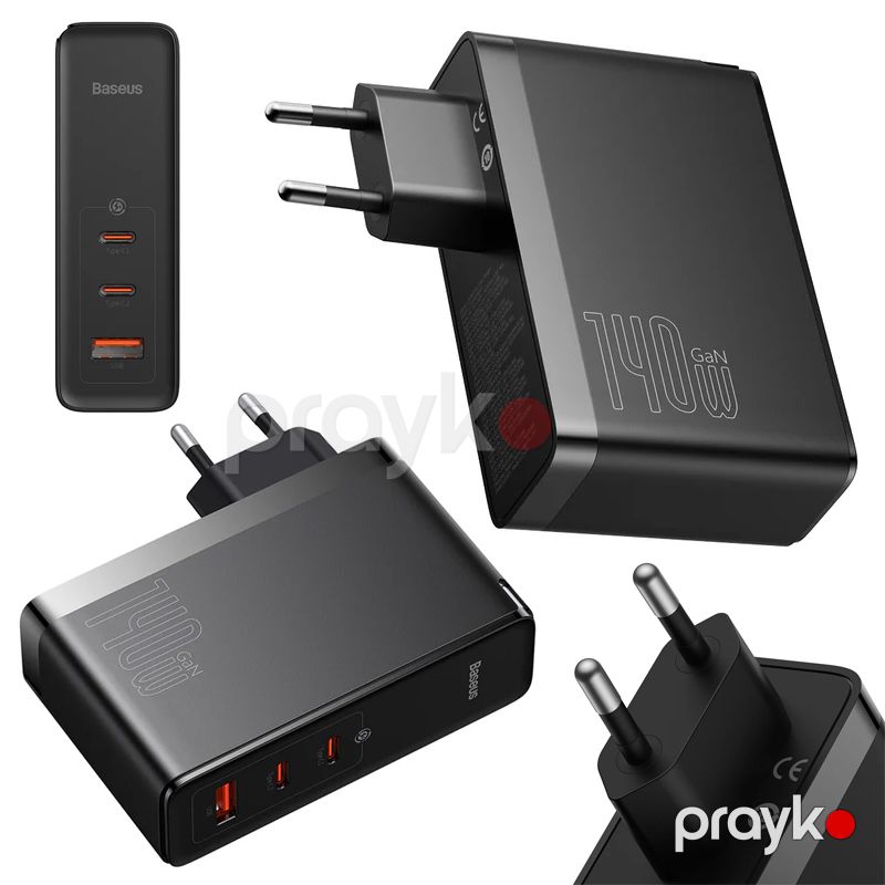 Baseus GaN5 Pro 3 Portlu USB C Sürətli Şarj Cihazı 140W Üstün Seriya Qara və Type-C Kabeli — Elektronika, Bakı (4)