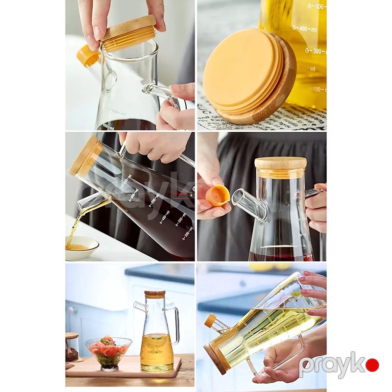 Bambuk Qapaq Şüşə Yağ Qabı Borosilikat Şüşə Sirkə Qabı Zeytun Yağı Qabı 900 ml — Qablar və mətbəx əşyaları, Bakı (4)