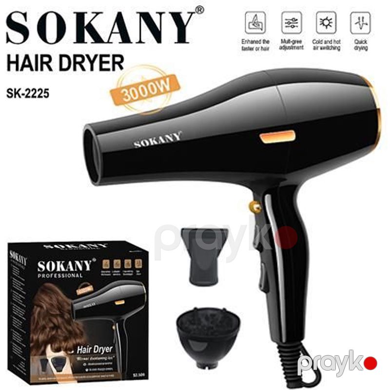 Sokany SK-2225 - Hava Feni İon Saç Qurutma Maşını, 3000 Vt Güc, 2 Sürət, 2 Temperatur Tənzimləməsi, Diffuzor və Forma Verən Başlıq — Fən, Bakı (2)