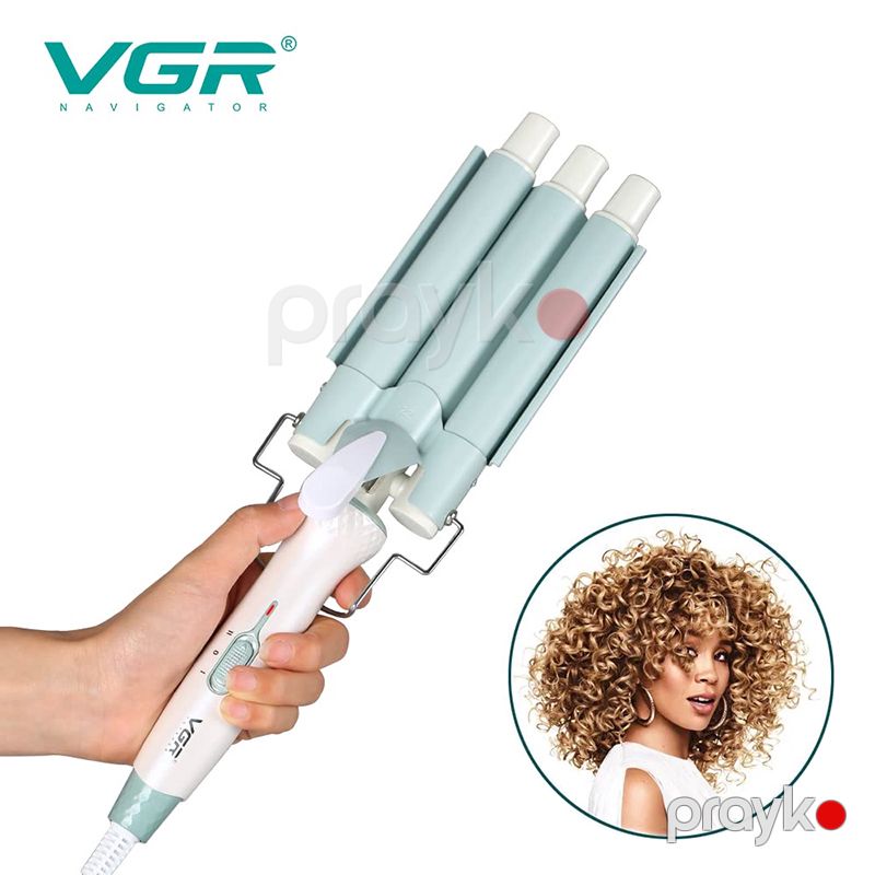 VGR Professional 3 Barrel Keramika Örtüklü Buruq Feni V-595 Saçların Qıvrılması Üçün Üç Dalğalı Buruq Fen Firuzəyi Rəng 220°C — Fən, Bakı (4)