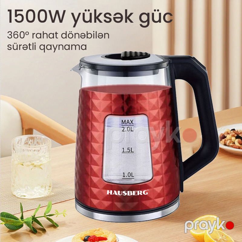 Elektrikli Çaydan Hausberg HB-3617RS 1500 Vt 2 L 360 Dərəcə Fırlanan Baza Avtomatik Sönmə — Elektrik çaydanları və termoslar, Bakı (4)