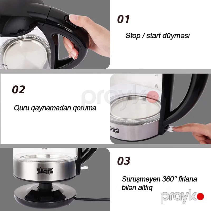 Peşəkar Elektrikli Şüşə Çaydan Mətbəx İstifadəsi Üçün İdeal Fltir Özəllikli DSP Seramik Çaydan 1850-2200W Gücündə Dayanıqlı Şüşə Çaydan — Elektrik çaydanları və termoslar, Bakı (3)