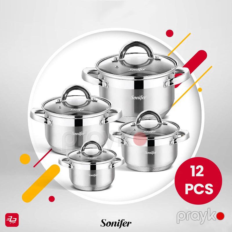 Sonifer 12-də 1-də Qazan Dəsti SF-1144 Gümüş Polad Dəsti Paslanmayan Poladdan 12 Parçalı Qazan Dəsti 3 Qatlı Qazan Tava Dəsti — Qablar və mətbəx əşyaları, Bakı (3)
