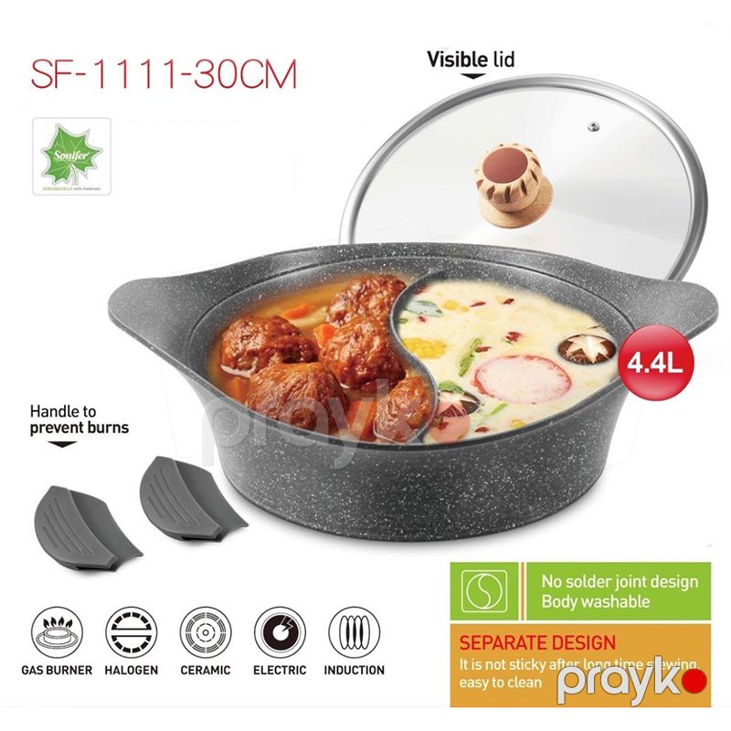 Sonifer İkiqat Qazan SF-1111-30sm keramika qapaqlı qazan Hotpot Double Flavored yapışmayan Qranit qazan — Qablar və mətbəx əşyaları, Bakı (6)