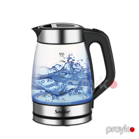 Sonifer SF-2136 - Elektrikli Çaydan Məişət Yüksək Keyfiyyətli 2200W 1.7L Su Çaydanı LED Mavi İşıqlı Paslanmayan Polad Qapaqlı Elektrikli Şüşə Çaydan — Bakı