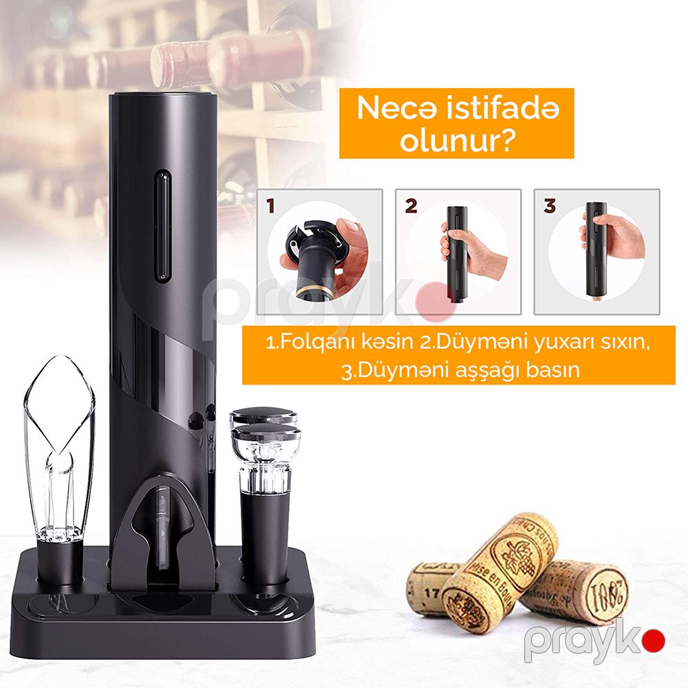 Modern Şərab Açan LED Göstəricili Şərab və Şampan Şüşələri üçün Avtomatik Elektrikli Şərab Açan Dəst — Mallar, Bakı (3)