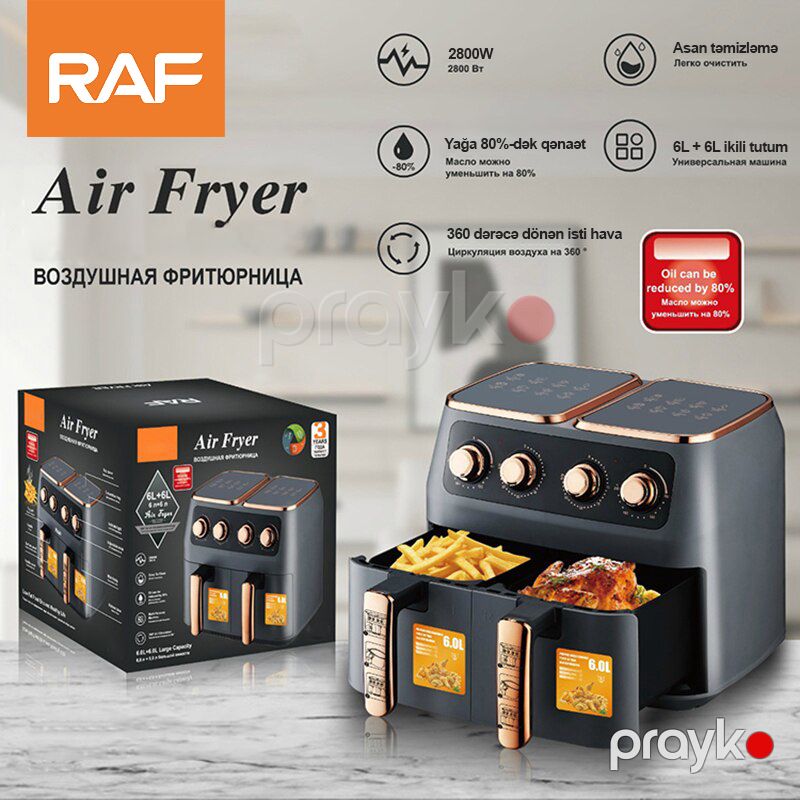 8-i 1 Arada RAF 12 Letrlik Professional Hava Fritözü 2800W Gücündə İki Tavalı Peşəkar Yapışmaz Air Fryer 6L+6L Qızardılmış Toyuq Çipsləri Bişirən — Digər mətbəx texnikası, Bakı (8)