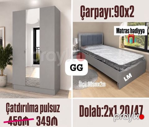Gri rəngdə yataq otağı dəsti - Çarpayı: 90 x 200 sm ölçü (üzərində — Bakı