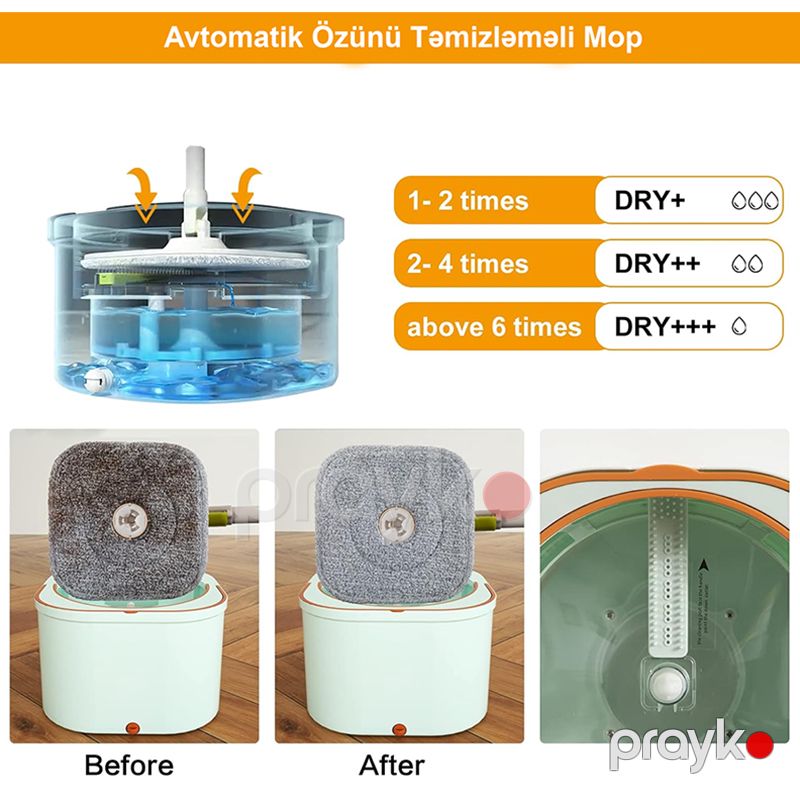 360 Fırlanan Mikro Fiber Yuvarlaq Başlıqlı Mop Seti 3 Ədəd Avtomatik Sıxmalı Döşəmə Təmizləyici — Mallar, Bakı (4)