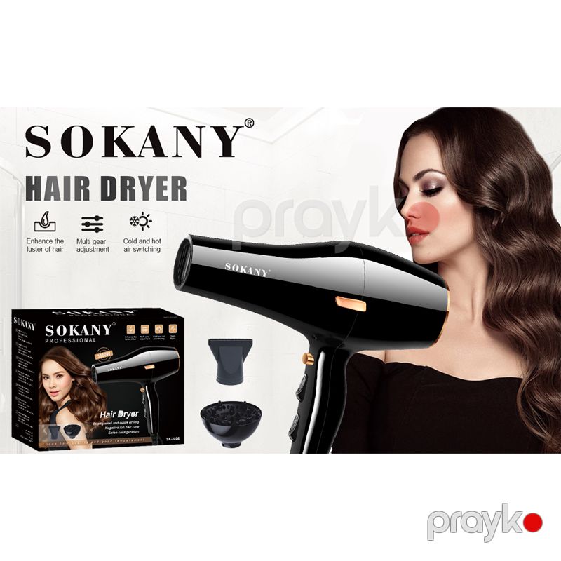 Sokany SK-2225 - Hava Feni İon Saç Qurutma Maşını, 3000 Vt Güc, 2 Sürət, 2 Temperatur Tənzimləməsi, Diffuzor və Forma Verən Başlıq — Fən, Bakı (3)