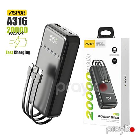 Aspor A316 20000mAh 22.5W Portable Power Bank Fast-Charging Power Bank (Built-in Cables) — Bakı