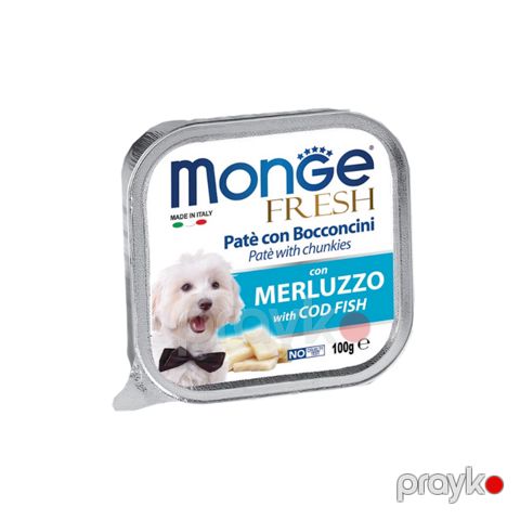 İtlər üçün super-premium keyfiyyətli nəm yem Monge Fresh treska əti ilə incə dilimlər paştetdə 100 q — Bakı