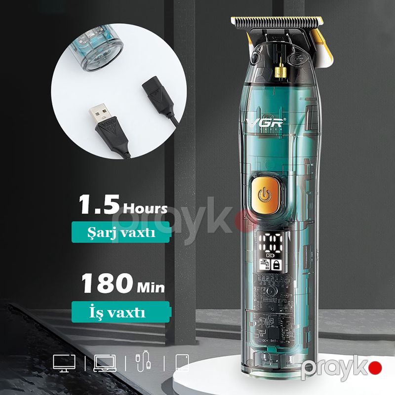 VGR Professional Kişi Saç Kəsmə Maşını Şəffaf Suya Davamlı Təkrar Doldurula Bilən V-961 Saç Makinası — Usturalar, trimmerler və epilyatorlar, Bakı (3)