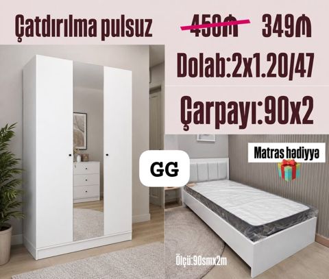 Ağ rəngdə yataq otağı dəsti. - Çarpayı: 90 x 200 sm ölçüdə tək — Bakı