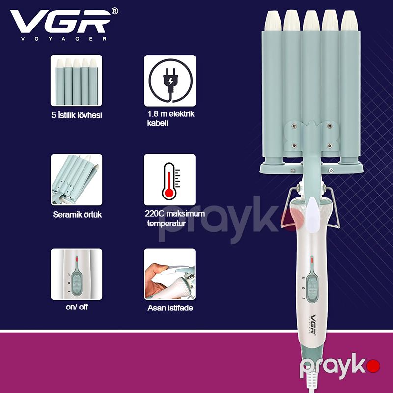 Eleqant Dizaynda Peşəkar Saç VGR V-597 Elektrikli Dalğalı Saç Düzəldici Dəmir Fen 220°C Professional 5 Barrel Saç Buruq Feni — Fən, Bakı (4)