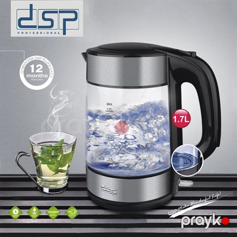 Yüksək Dərəcəli Paslanmayan Polad Şüşə Çaydan 2200W Gücündə Daxili LED İşıqlandırmaya Sahib DSP Elektrikli Çaydan 1.7L — Bakı
