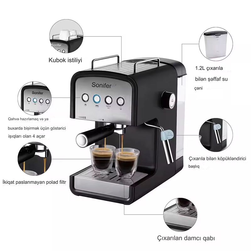 Sonifer SF-3529 Çoxfunksiyalı Qəhvə Maşını Yüksək Keyfiyyətli Kappuçino Espresso Kofe Hazırlayan Aparat 850 W — Digər mətbəx texnikası, Bakı (7)