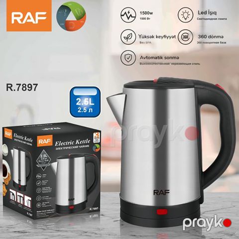 Paslanmayan Poladdan Materialdan Hazırlanmış RAF Elektrikli Çaydanı, Böyük Tutumlu Simsiz Çaydan 2,5 L R.7897 — Bakı