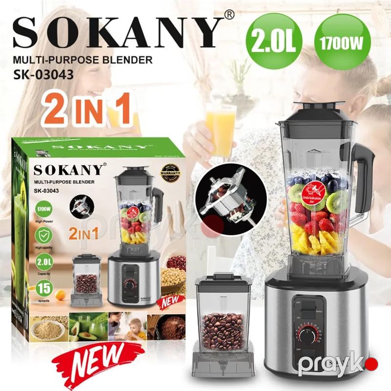 Sokany SK-03043 - Blender 2-i 1-də Blender Paslanmayan Polad Bıçaq Çox Məqsədli Blender 1700W Güc — Blenderlər, xırdalayanlar və mikserlər, Bakı (6)