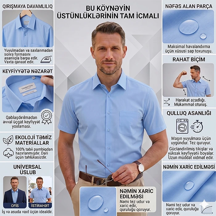 Kişi pambıq qırışmayan qısa qollu köynəyi. Klassik model — Kişi geyimi, Bakı (4)