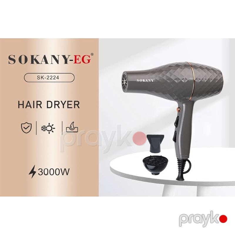 Sokany SK-2224 - Hava Feni Müxtəlif Saç Tipləri üçün Konsentrator və Diffuzorlu Saç Qurutma Maşını 3300 W Güc — Fən, Bakı (6)