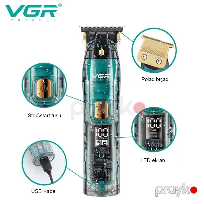 VGR Professional Kişi Saç Kəsmə Maşını Şəffaf Suya Davamlı Təkrar Doldurula Bilən V-961 Saç Makinası — Usturalar, trimmerler və epilyatorlar, Bakı (4)