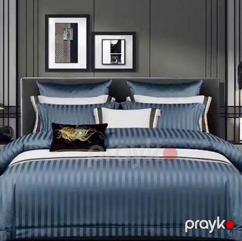 Yataq dəsti TCS_1066, yorğan üzü 200x230 sm, mələfə 230x250 sm, yastıq üzü 50x70 sm, avro, satin, göy — Bakı