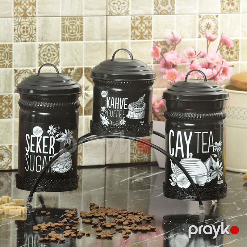 Dekorativ Çay, Şəkər və Qəhvə Saxlama Qabı Dəsti, Metal, Çəhrayı, Qara, Ağ, Qırmızı — Qablar və mətbəx əşyaları, Bakı (2)