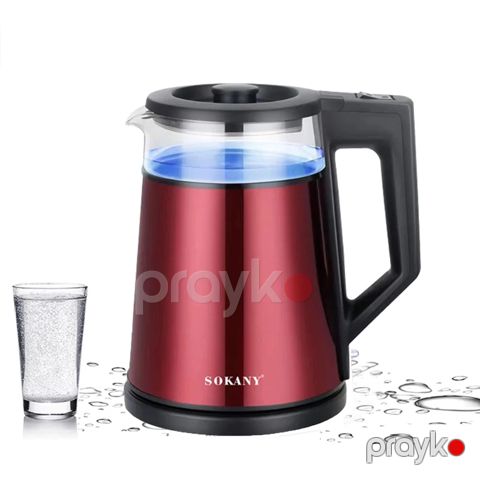 Elektrik Çaydanı Sokany SK-SH-1076 Qırmızı Rengli Termostat Nəzrətli Çaydan 2000 Vt Gücündə Paslanmayan Polad Şüşə Çaydan 1.7L — Bakı