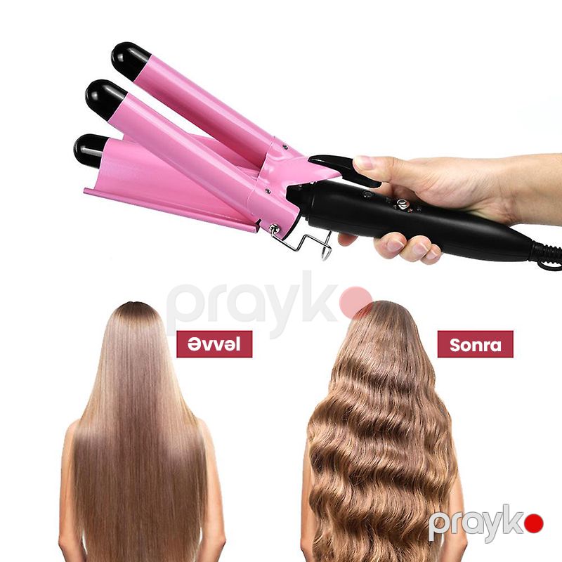 Professional Keramik Saç Buruq Feni İon Texnologiyası İlə 3 Barel Saç Qıvırıcı Fen Retro Dizaynda Tənzimlənən Peşəkar Üçlü Qıvrım Ütü — Fən, Bakı (4)