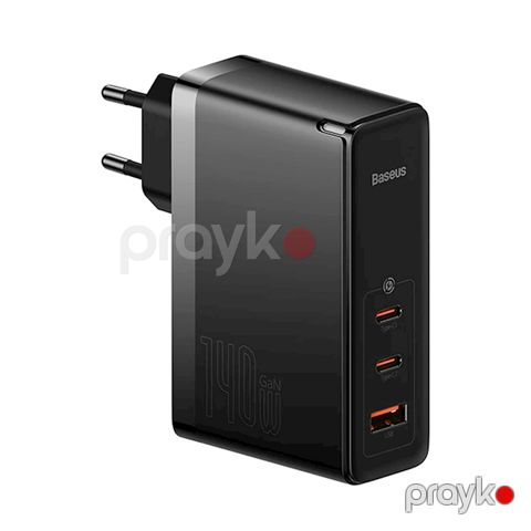 Baseus GaN5 Pro 3 Portlu USB C Sürətli Şarj Cihazı 140W Üstün Seriya Qara və Type-C Kabeli — Bakı