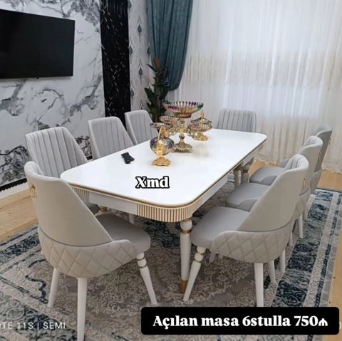 Açılan masa dəsti – 6 stulla - Masa: Açıla bilən mexanizmli, ağ — Dolab Taxt Çarpayı Mebel Fabriki ✨Əfsanə.x — Столы и стулья