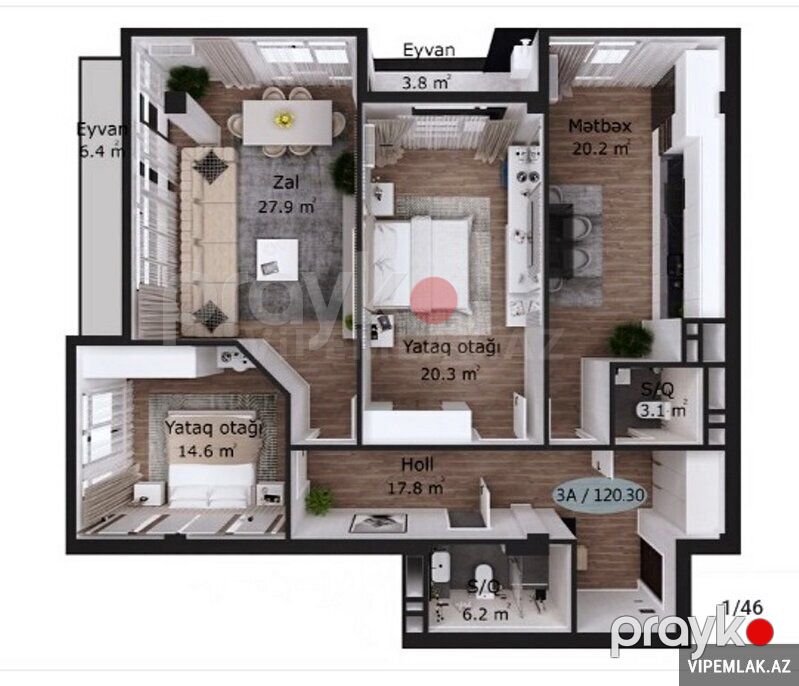 Yasamal rayonunda 3 otaqlı Yeni tikili Satılır, 120 m² — Mənzil, Bakı (3)