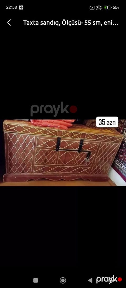 Taxta sandıq - Material: bərk ağac - Üst və ön hissədə əl işi həndəsi — Şəki